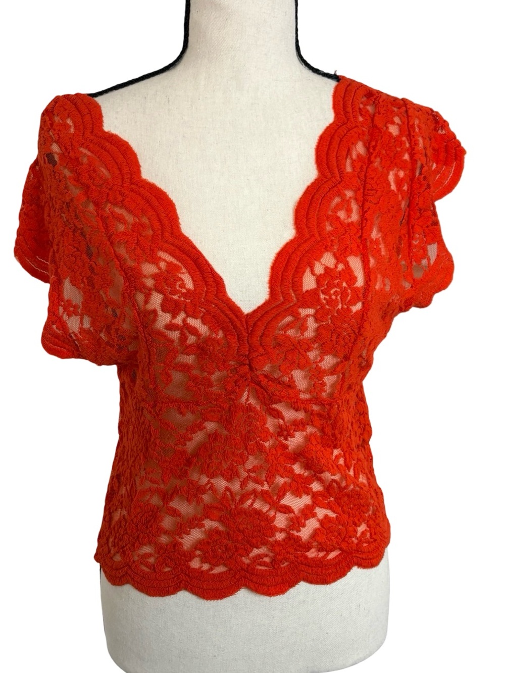 Zara Red Floral Lace Sheer Top Scalloped Stretch Blouse L - Picture 1 of 10